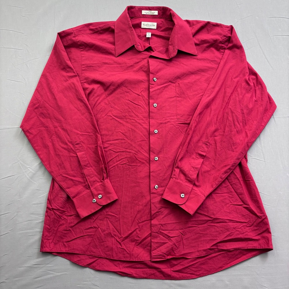 Van Heusen Mens Red Poplin Dress Shirt Wrinkle Free XL 17.5 34/35 Long Sleeve